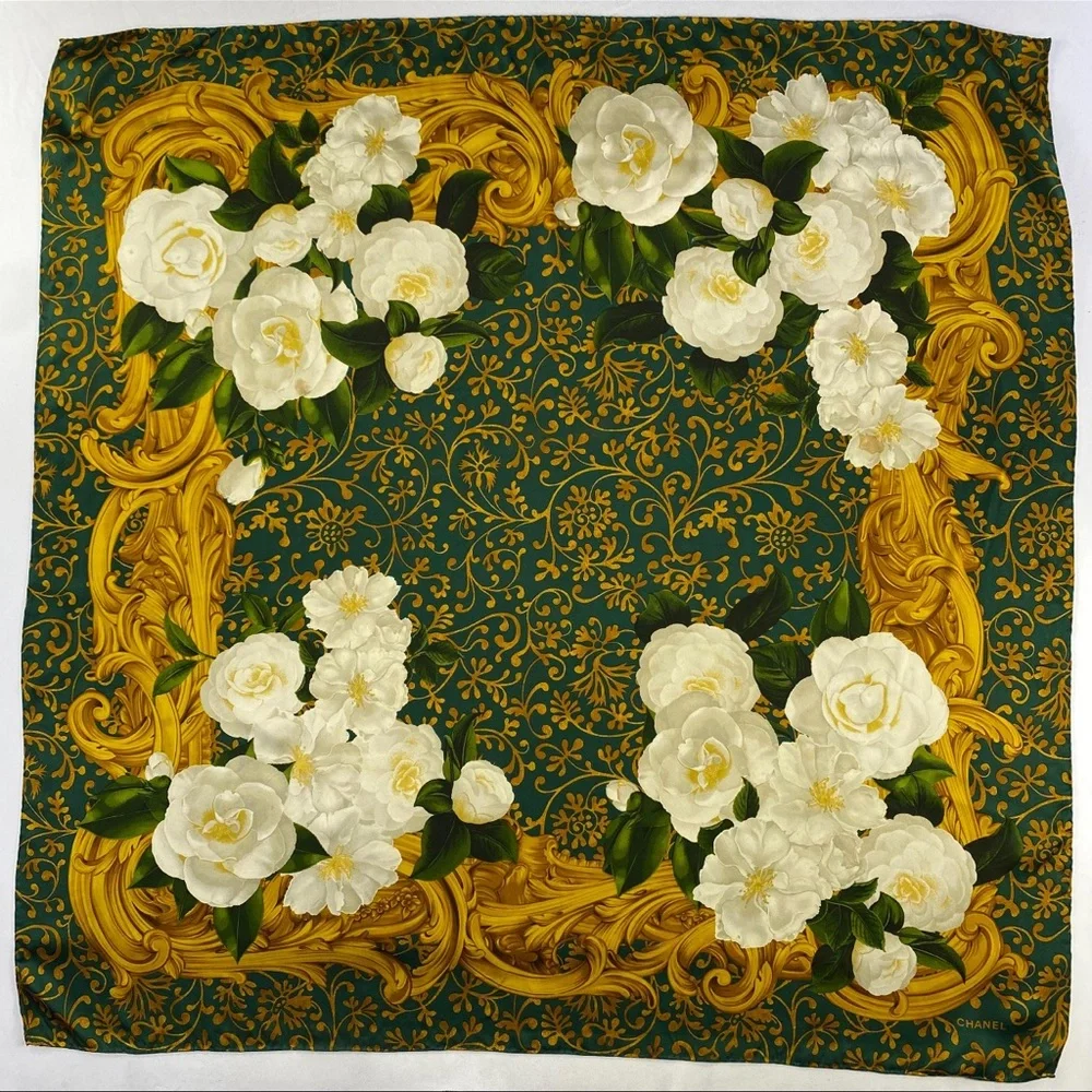 CHANEL Large Green and Gold Floral Silk Scarf
